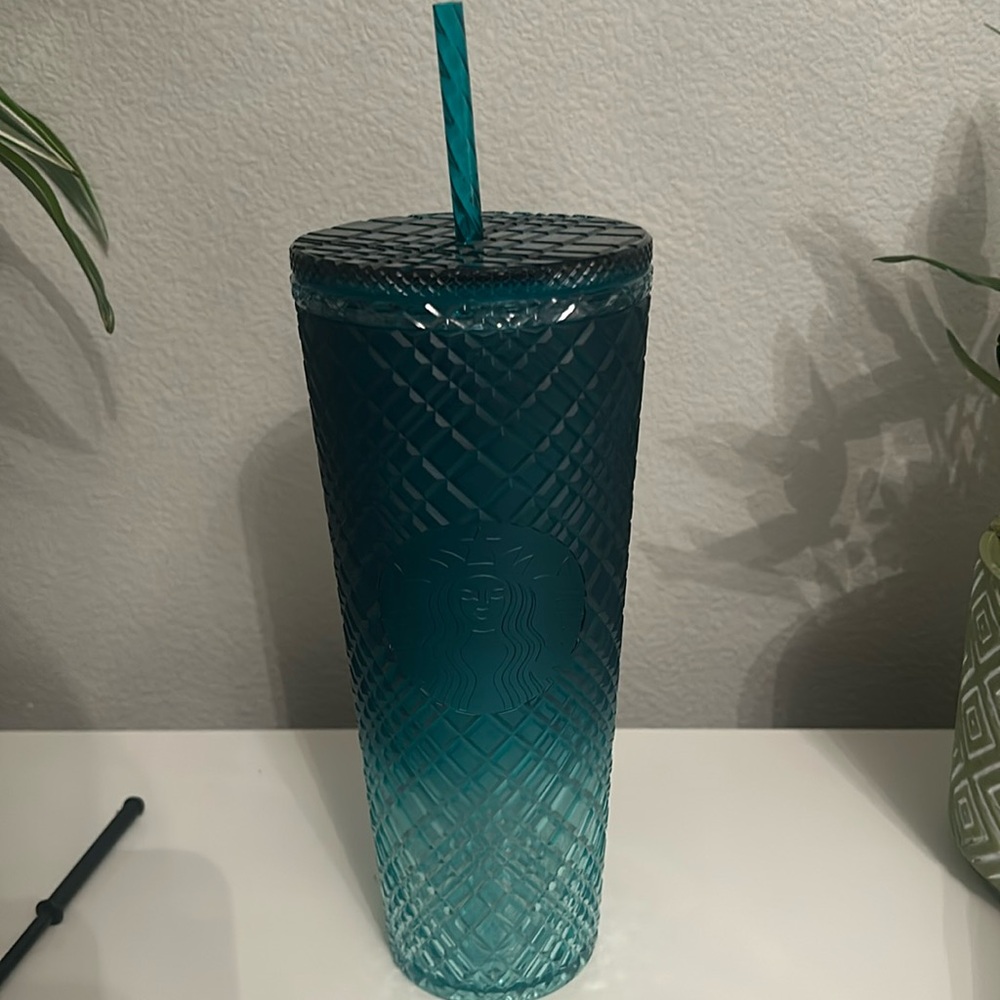 Blue/green diamond pattern Starbucks cup